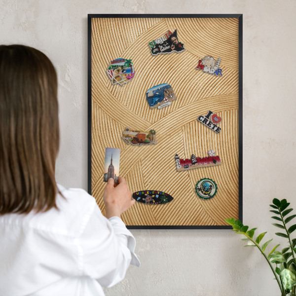 Metal wall board for magnets in a black frame Structural lines