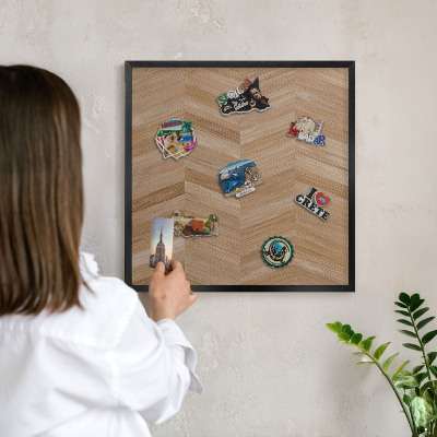 Vacation magnet board with a black frame Wood herringbone