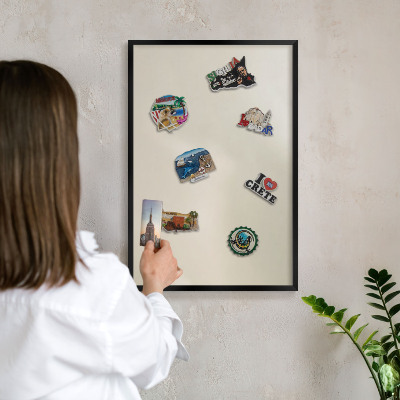 Metal wall board for magnets in a black frame Fog tone