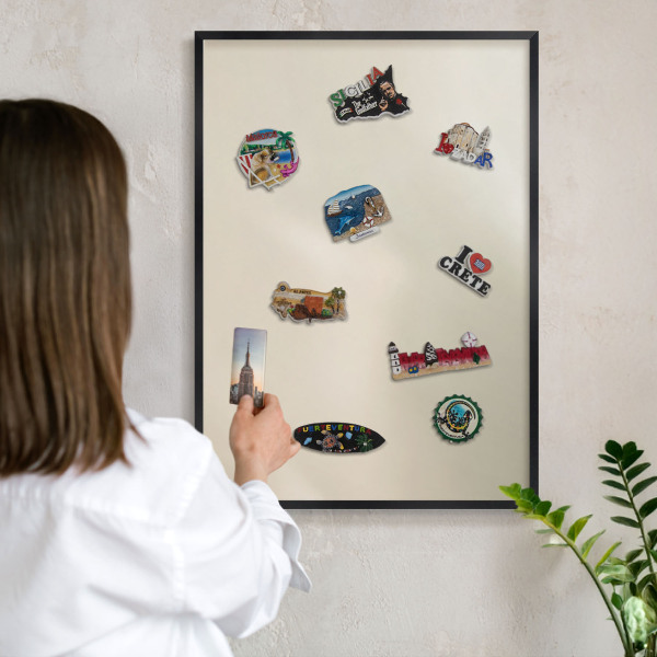 Metal wall board for magnets in a black frame Fog tone