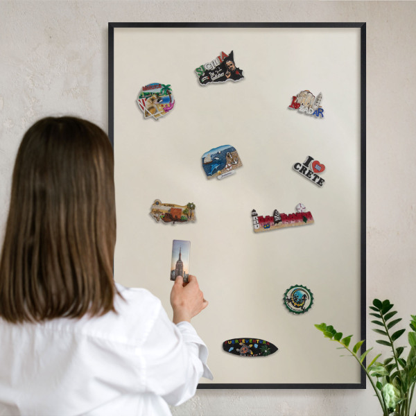 Metal wall board for magnets in a black frame Fog tone