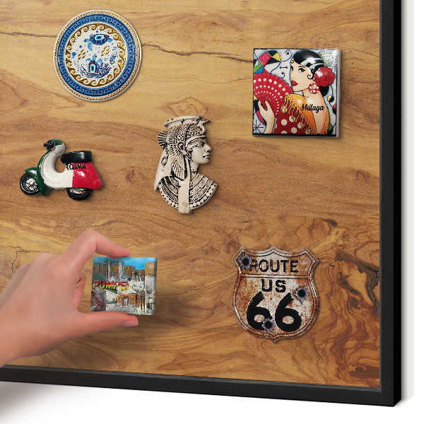Metal wall board for magnets in a black frame Natural wood