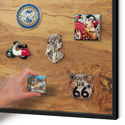Metal wall board for magnets in a black frame Natural wood