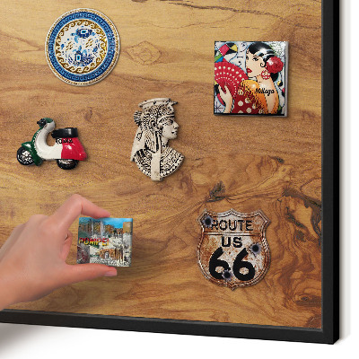 Metal wall board for magnets in a black frame Natural wood