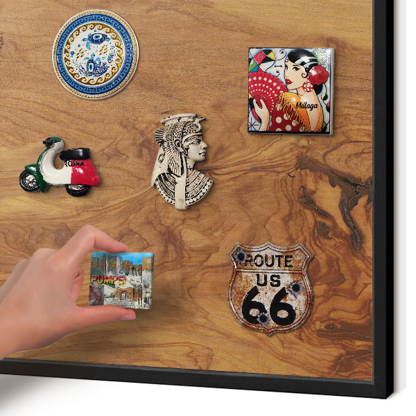 Metal wall board for magnets in a black frame Natural wood