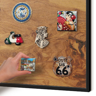 Metal wall board for magnets in a black frame Natural wood