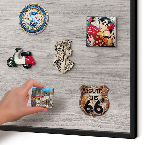 Vacation magnet board with a black frame Wooden texture