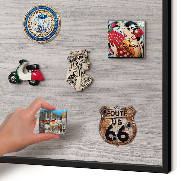 Vacation magnet board with a black frame Wooden texture