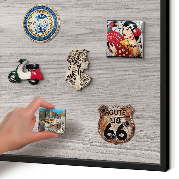 Vacation magnet board with a black frame Wooden texture