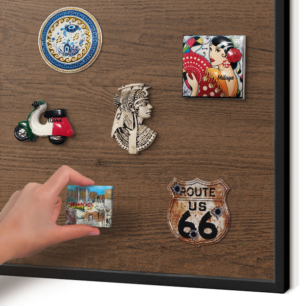 Metal wall board for magnets in a black frame Wooden texture