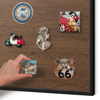 Metal wall board for magnets in a black frame Wooden texture