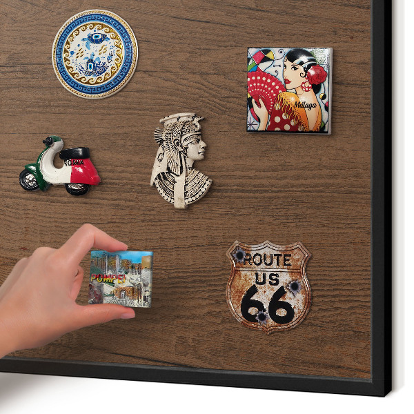 Metal wall board for magnets in a black frame Wooden texture