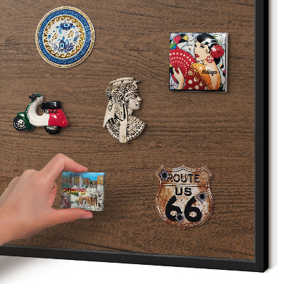 Metal wall board for magnets in a black frame Wooden texture