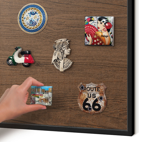 Metal wall board for magnets in a black frame Wooden texture