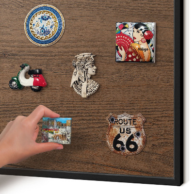 Metal wall board for magnets in a black frame Wooden texture