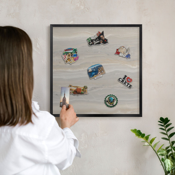 Vacation magnet board with a black frame Marble texture