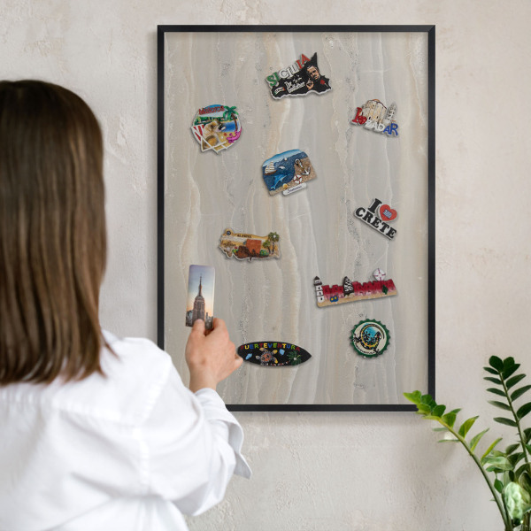 Vacation magnet board with a black frame Marble texture