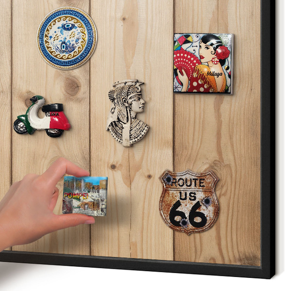 Metal wall board for magnets in a black frame Wooden texture