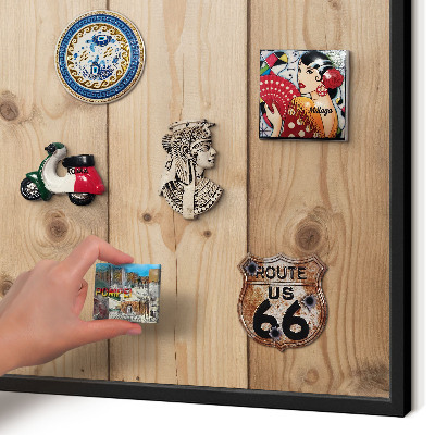 Metal wall board for magnets in a black frame Wooden texture