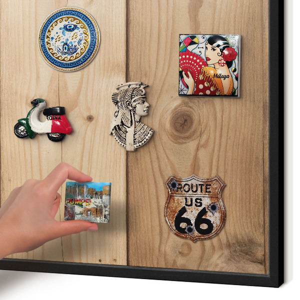 Metal wall board for magnets in a black frame Wooden texture