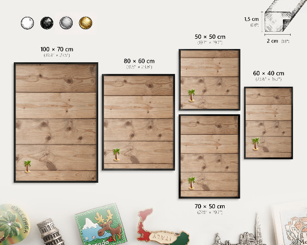 Metal wall board for magnets in a black frame Wooden texture