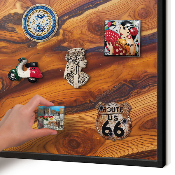 Metal wall board for magnets in a black frame Wooden rings