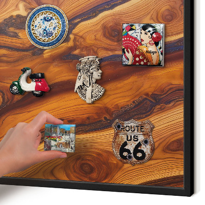 Metal wall board for magnets in a black frame Wooden rings