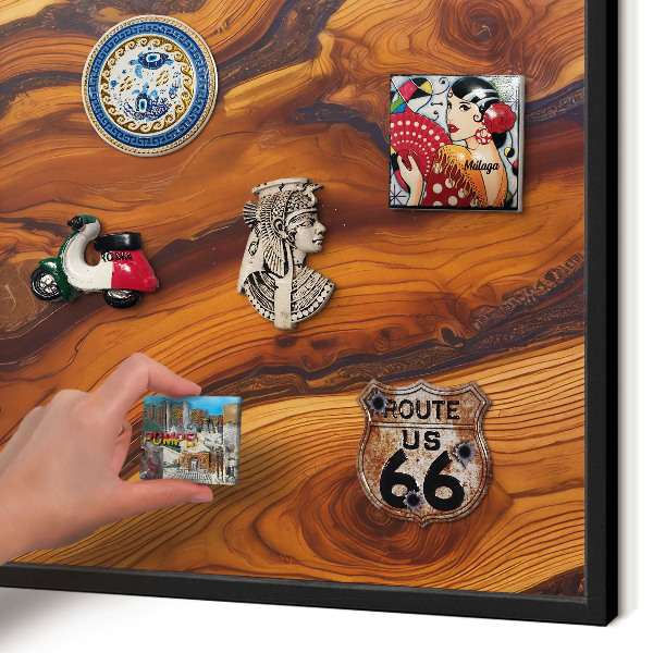 Metal wall board for magnets in a black frame Wooden rings