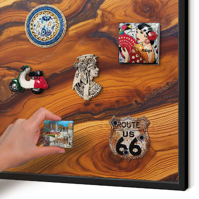 Metal wall board for magnets in a black frame Wooden rings