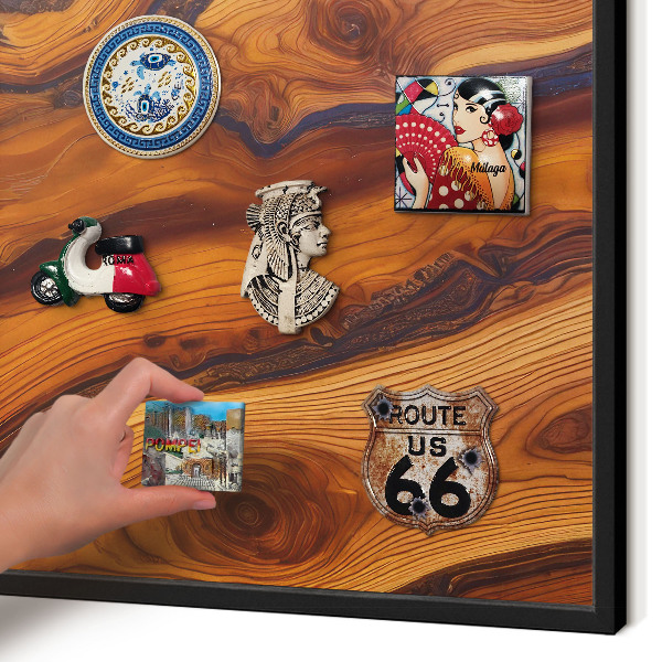 Metal wall board for magnets in a black frame Wooden rings