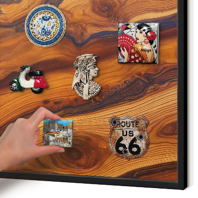 Metal wall board for magnets in a black frame Wooden rings