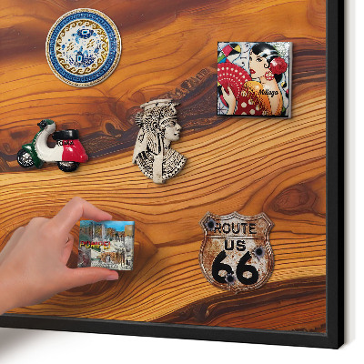 Metal wall board for magnets in a black frame Wooden rings