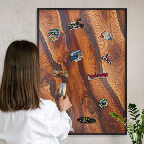 Metal wall board for magnets in a black frame Wooden rings