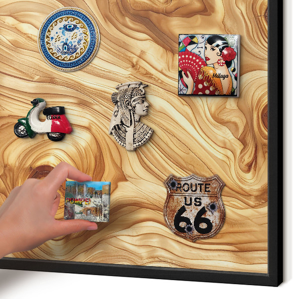 Vacation magnet board with a black frame Wooden texture