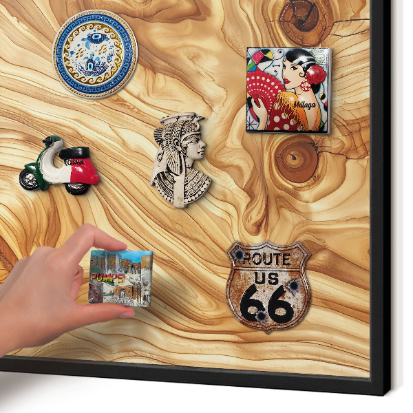 Vacation magnet board with a black frame Wooden texture
