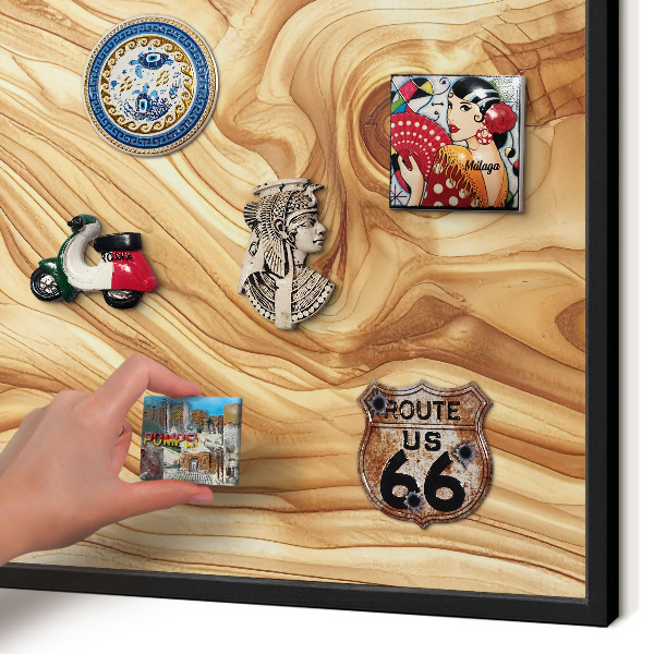 Vacation magnet board with a black frame Wooden texture