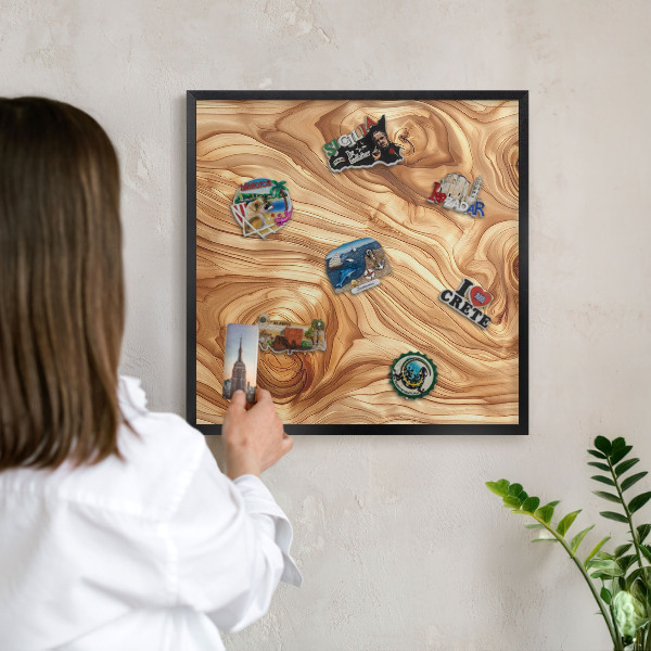 Vacation magnet board with a black frame Wooden texture