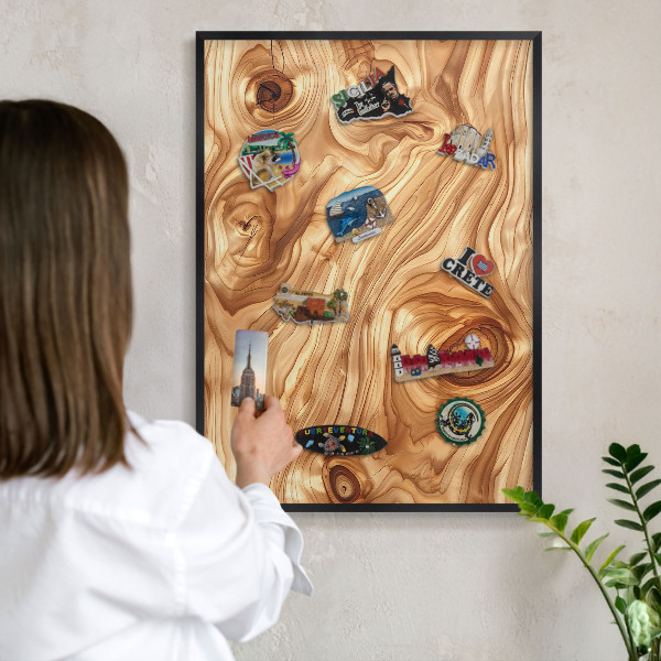 Vacation magnet board with a black frame Wooden texture