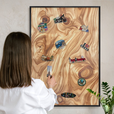 Vacation magnet board with a black frame Wooden texture