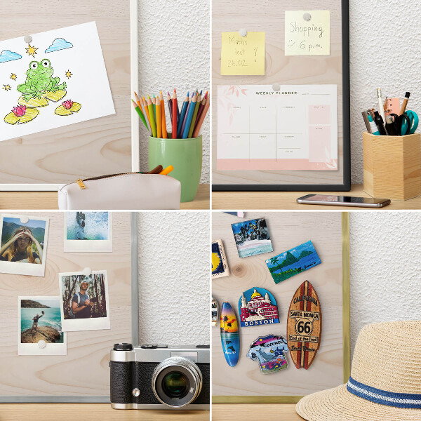 Metal wall board for magnets in a black frame Wooden pattern
