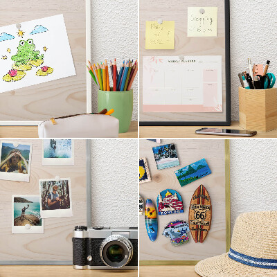 Metal wall board for magnets in a black frame Wooden pattern