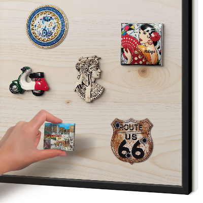 Metal wall board for magnets in a black frame Wooden pattern