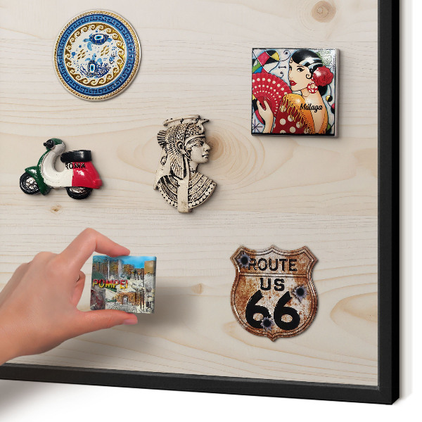 Metal wall board for magnets in a black frame Wooden pattern