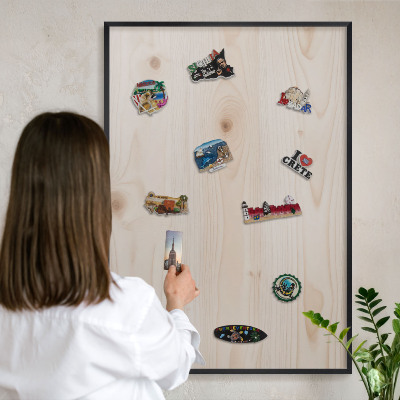 Metal wall board for magnets in a black frame Wooden pattern