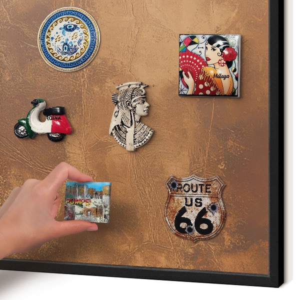 Vacation magnet board with a black frame Brown texture