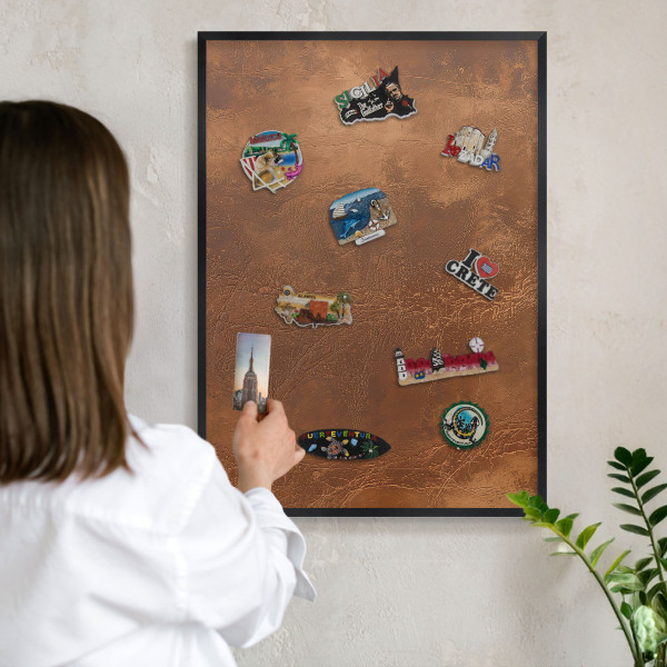 Vacation magnet board with a black frame Brown texture