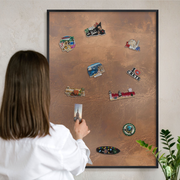 Vacation magnet board with a black frame Brown texture