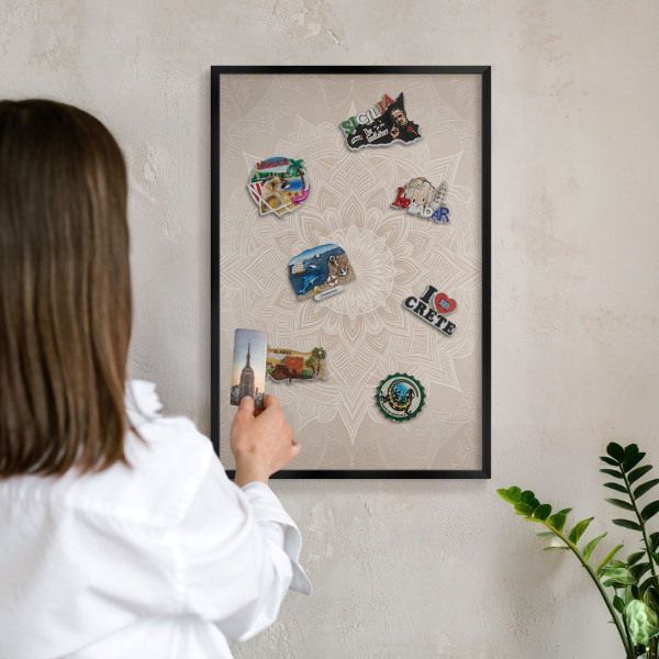 Metal wall board for magnets in a black frame Mandala pattern