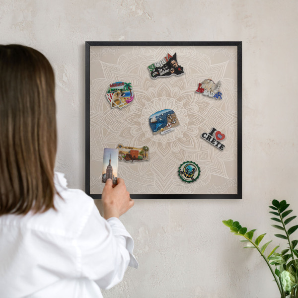 Metal wall board for magnets in a black frame Mandala pattern