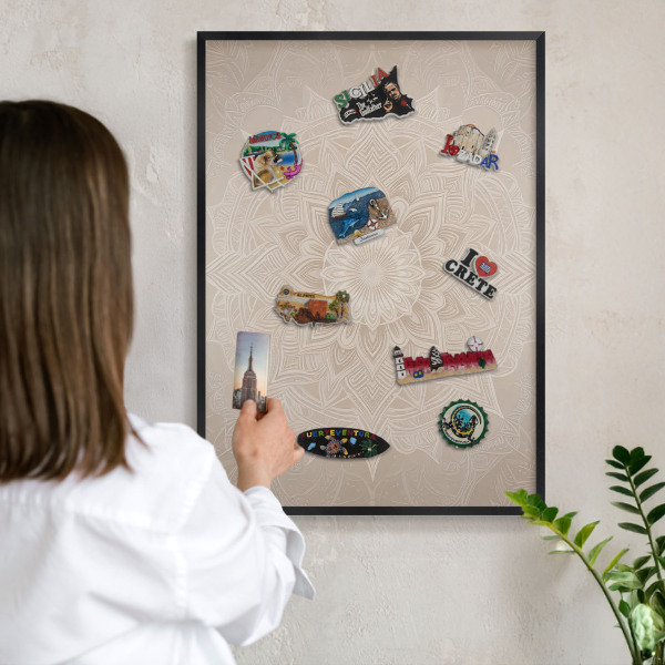 Metal wall board for magnets in a black frame Mandala pattern